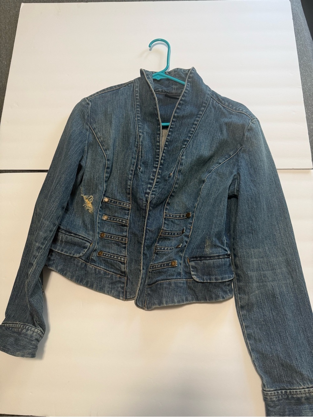 New York & Company Fitted Blue Denim Military-Style Jacket